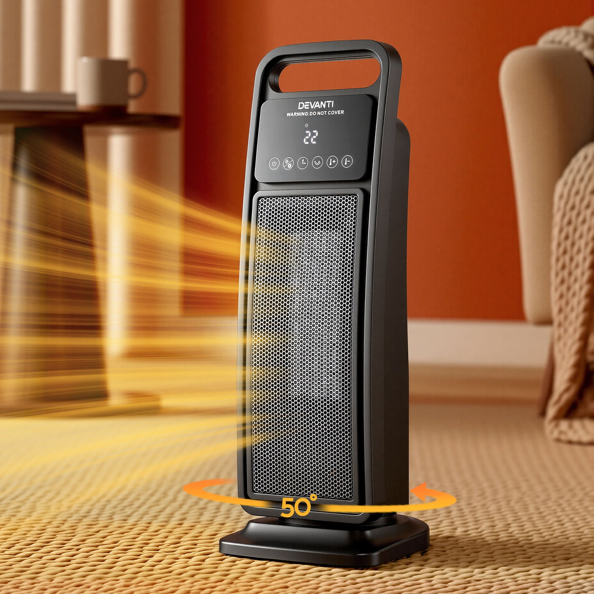 Oscillating ceramic tower heater with digital display, warming a modern living room