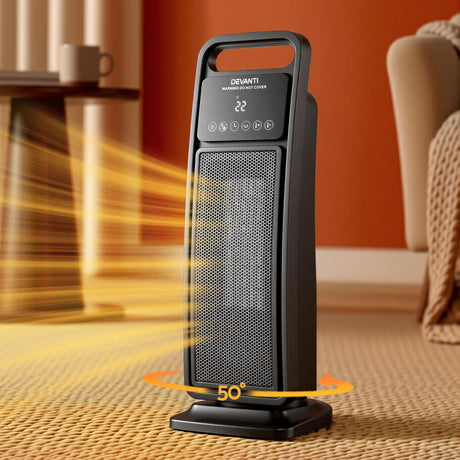 Oscillating ceramic tower heater with digital display, warming a modern living room