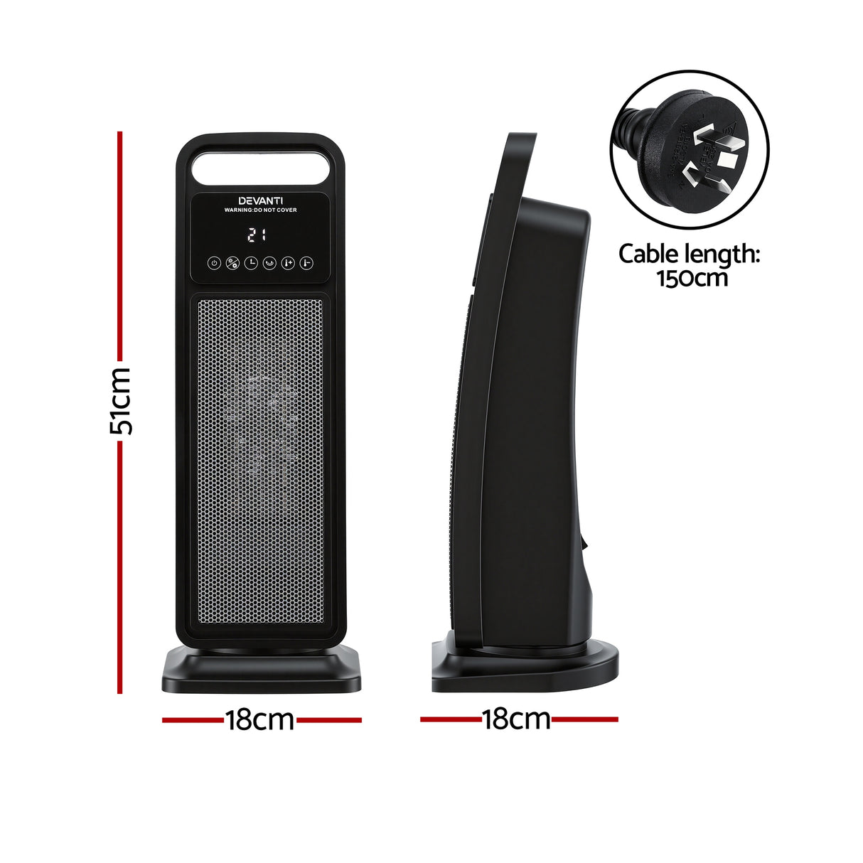 Black tower fan heater with digital display, 51cm tall, 18cm wide, 150cm power cable