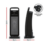 Black tower fan heater with digital display, 51cm tall, 18cm wide, 150cm power cable