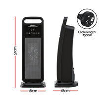 Black tower fan heater with digital display, 51cm tall, 18cm wide, 150cm power cable