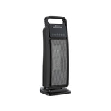 Black tower electric heater with digital control panel and mesh front grill, isolated on white