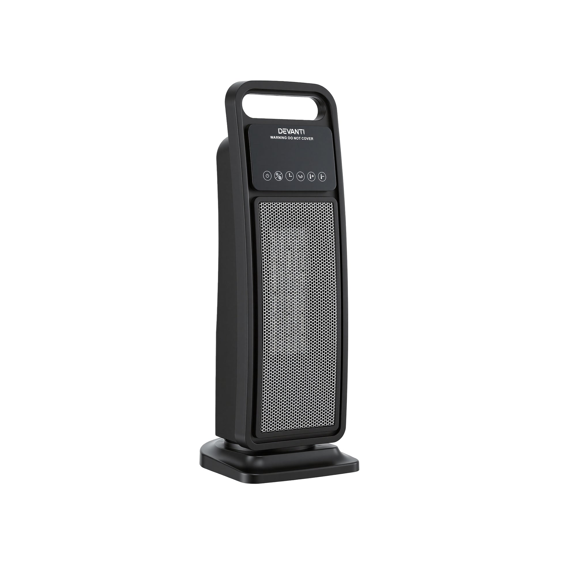 Black tower electric heater with digital control panel and mesh front grill, isolated on white