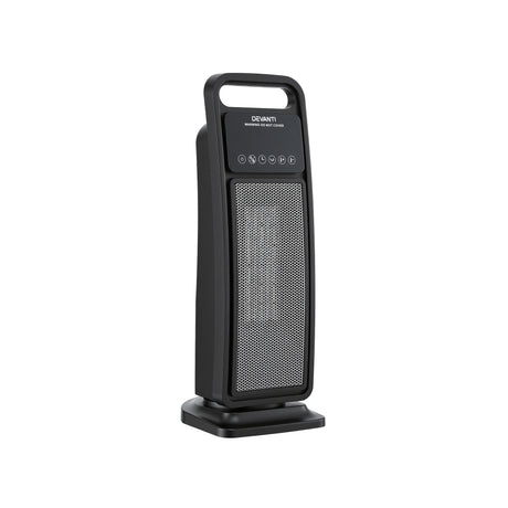 Black tower electric heater with digital control panel and mesh front grill, isolated on white
