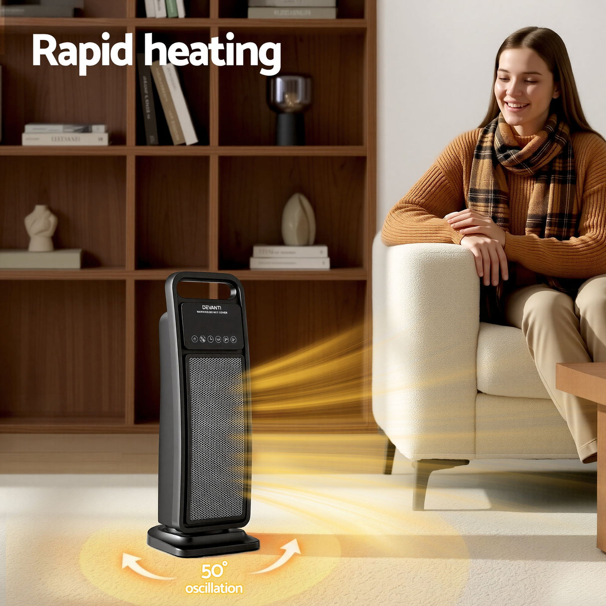 Oscillating ceramic tower heater rapidly warming woman sitting in modern living room