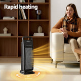 Oscillating ceramic tower heater rapidly warming woman sitting in modern living room