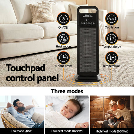 Tower heater with touchpad control panel, multiple modes and timer, in living room