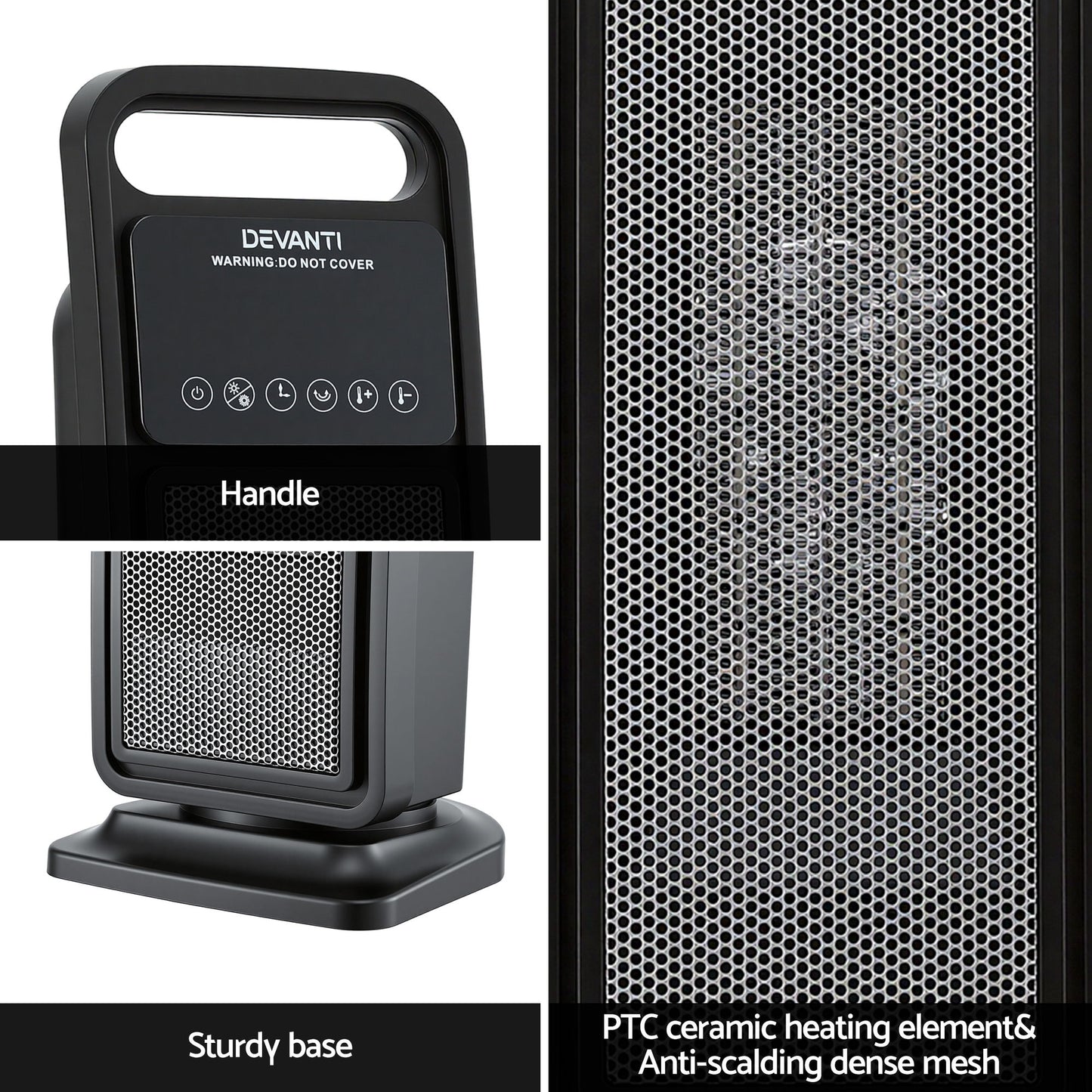 Black ceramic tower heater with handle, sturdy base, and mesh safety grille