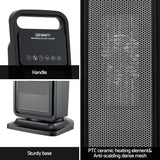 Black ceramic tower heater with handle, sturdy base, and mesh safety grille