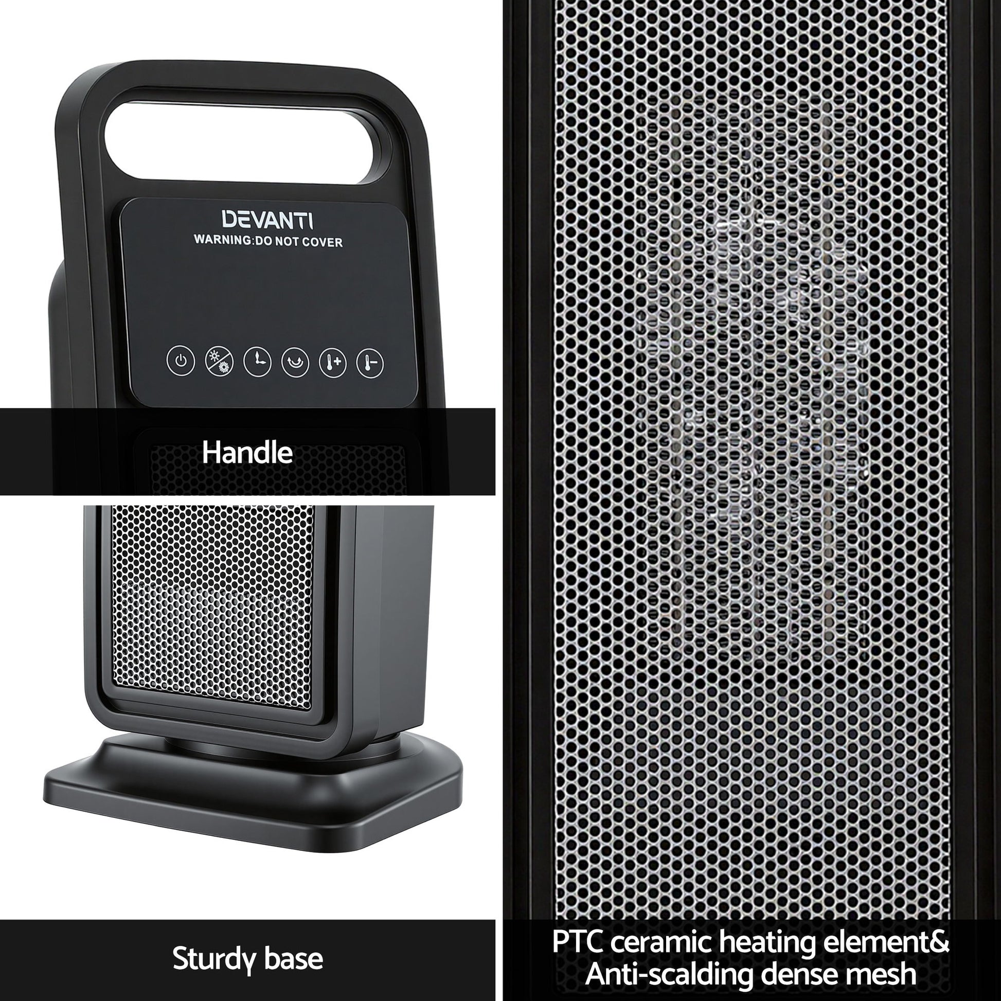 Black ceramic tower heater with handle, sturdy base, and mesh safety grille