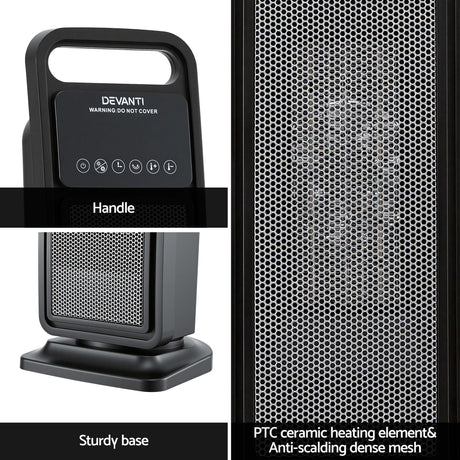 Black ceramic tower heater with handle, sturdy base, and mesh safety grille