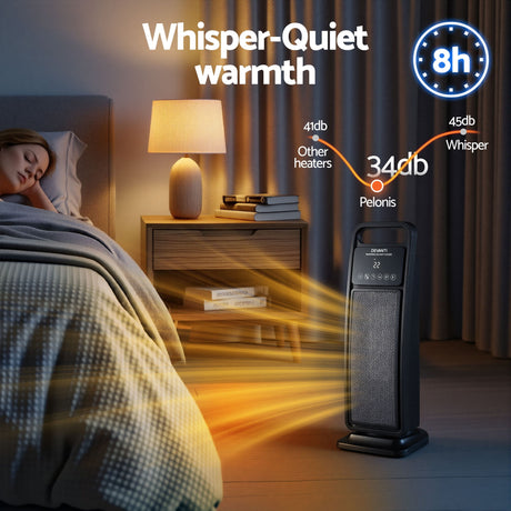 Tower heater quietly warming a bedroom at night, next to a sleeping person and nightstand.
