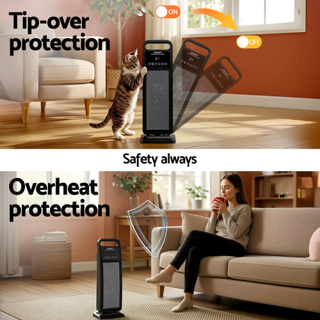 Electric tower heater with tip-over and overheat protection, cat and woman in living room