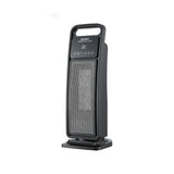 Black tower ceramic heater with digital display and touch controls on white background