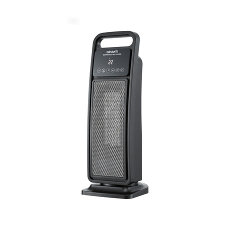 Black tower ceramic heater with digital display and touch controls on white background