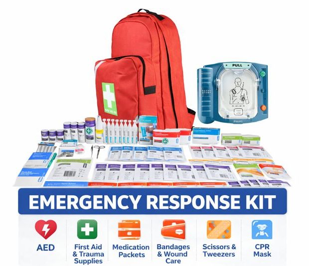 Emergency response kit pairing a Philips HeartStart HS1 defibrillator with a fully stocked workplace first aid kit