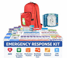 Emergency response kit pairing a Philips HeartStart HS1 defibrillator with a fully stocked workplace first aid kit