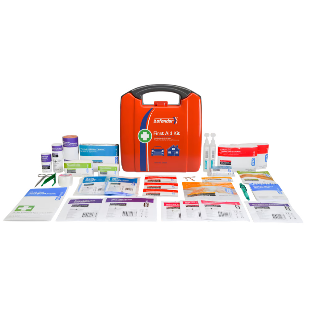 DEFENDER 3 Series Plastic First Aid Kit in a robust 23 x 9 x 25cm case, supplied fully stocked