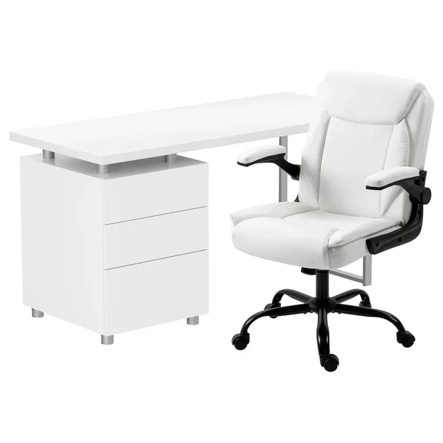 Modern white office desk with three drawers and matching white ergonomic office chair