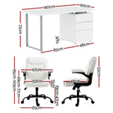 White office desk with drawers and matching ergonomic chair, detailed with size measurements.