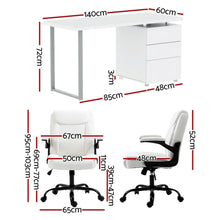 White office desk with drawers and matching ergonomic chair, detailed with size measurements.