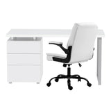 Modern white office desk with drawers and ergonomic white swivel chair on wheels