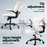 White ergonomic office chair with adjustable tilt, flip-up armrests, height adjustment, and 360° rotation
