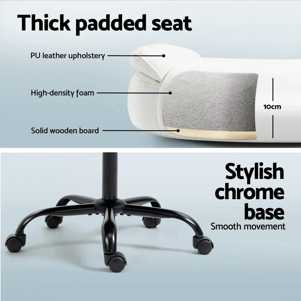 White office chair with thick padded seat, PU leather, high-density foam, and chrome base with wheels