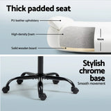 White office chair with thick padded seat, PU leather, high-density foam, and chrome base with wheels