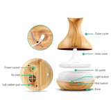 Wood grain essential oil diffuser with labeled parts including outer cover, base, and control buttons.