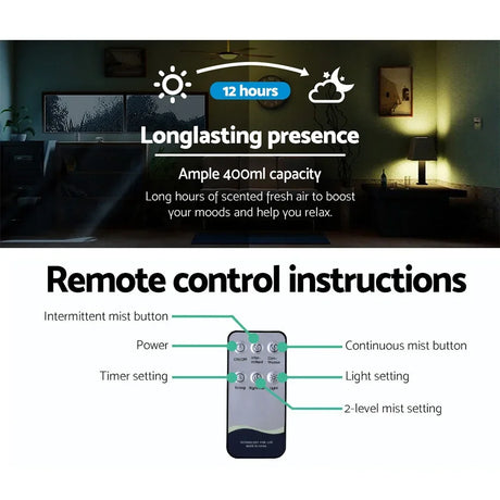 Aromatherapy diffuser remote control instructions with 400ml capacity and 12 hour runtime.