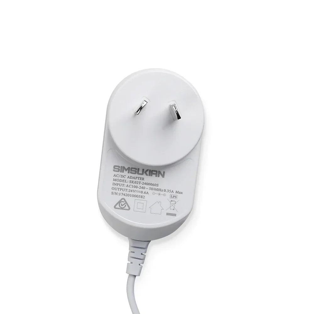 White Australian plug AC DC power adapter with cable and clear label on a white background