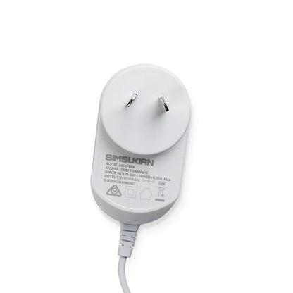White Australian plug AC DC power adapter with cable and clear label on a white background