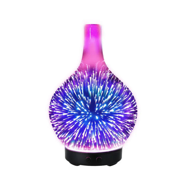 Colorful glass aroma diffuser with vibrant LED lights, fireworks pattern, on white background