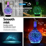Aromatherapy diffuser with 3D fireworks LED lights, releasing mist, 100ml capacity, home decor.