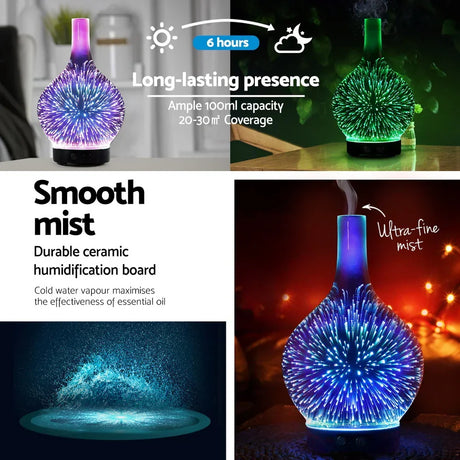 Aromatherapy diffuser with 3D fireworks LED lights, releasing mist, 100ml capacity, home decor.