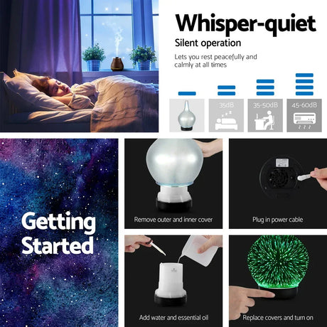 Quiet essential oil diffuser with glowing light, nighttime bedroom use, setup instructions