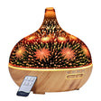 Aromatherapy diffuser with 3D fireworks LED light effect and wood grain base, remote included