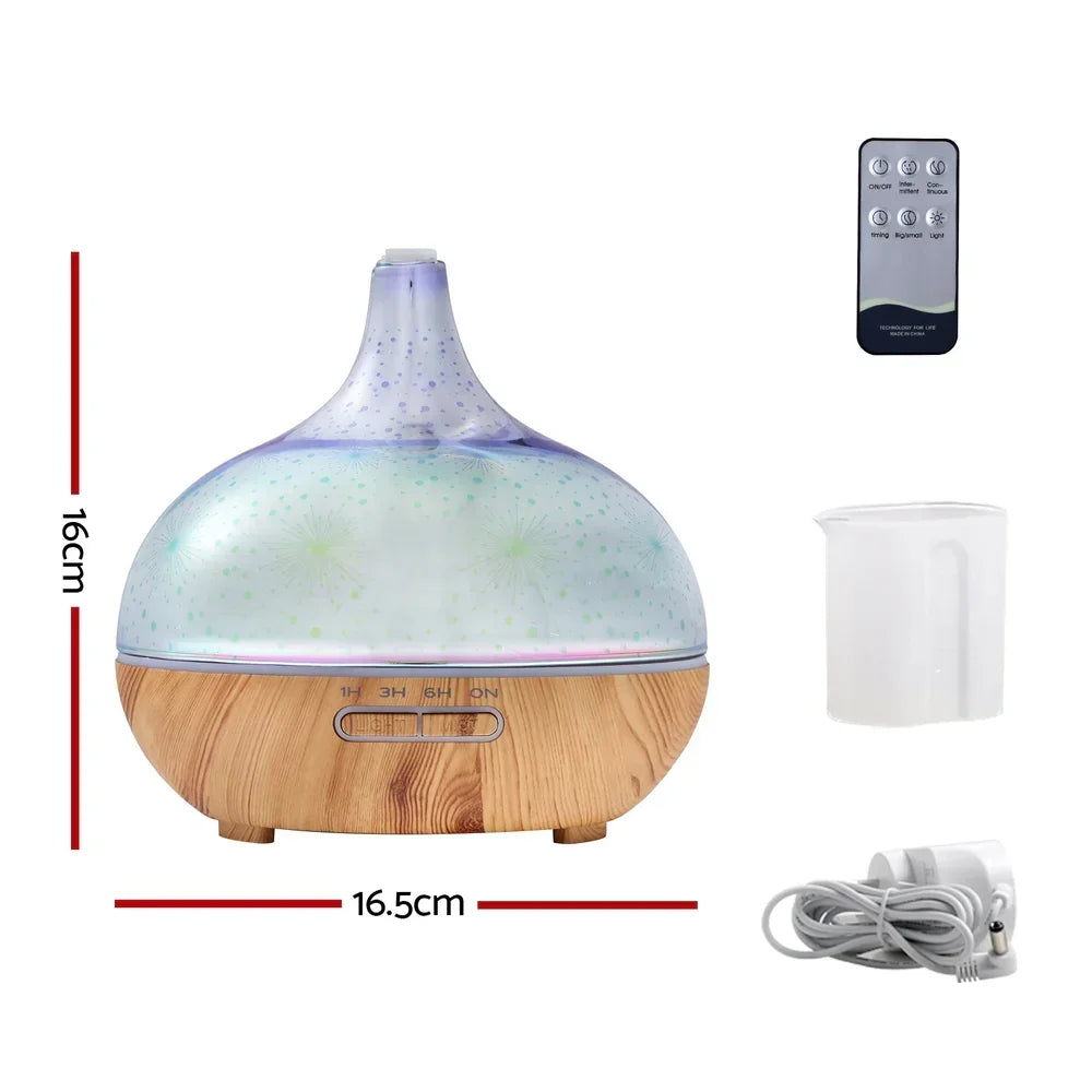 Aromatherapy essential oil diffuser with wood grain base, remote control, measuring cup, and power cord, 16x16.5cm.