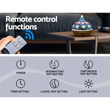 Remote-controlled aroma diffuser with color lights on coffee table, showing mist and light settings.