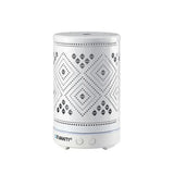 White electric aroma diffuser with geometric cutout design, power buttons on base