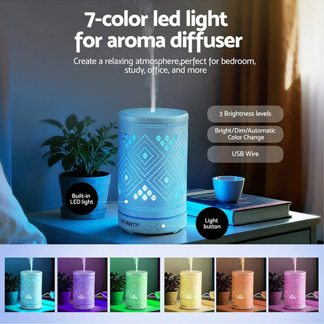 7-color LED aroma diffuser with geometric cutout design, illuminated on a bedside table
