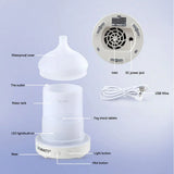 Ultrasonic aroma diffuser with labeled parts including water tank, cover, USB cable, and controls