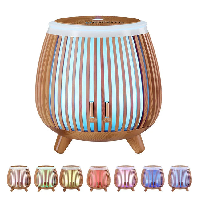 Wood grain LED aroma diffuser with color-changing lights, modern design, tabletop humidifier