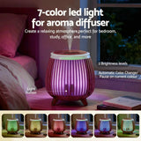 7-color LED aroma diffuser with brightness control on bedside table, showing color options.