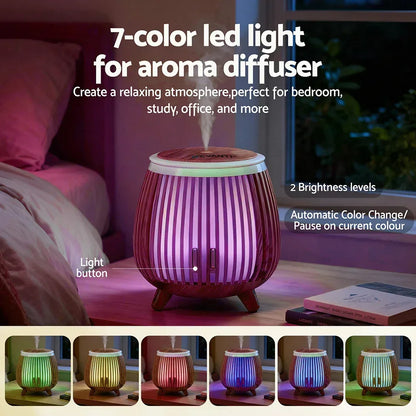 7-color LED aroma diffuser with brightness control on bedside table, showing color options.