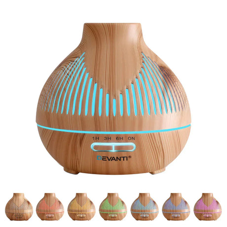 Wood grain essential oil diffuser with adjustable LED lights and timer settings