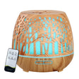 Wood grain essential oil diffuser with remote, blue LED light, timer settings visible