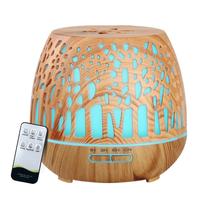Wood grain essential oil diffuser with remote, blue LED light, timer settings visible