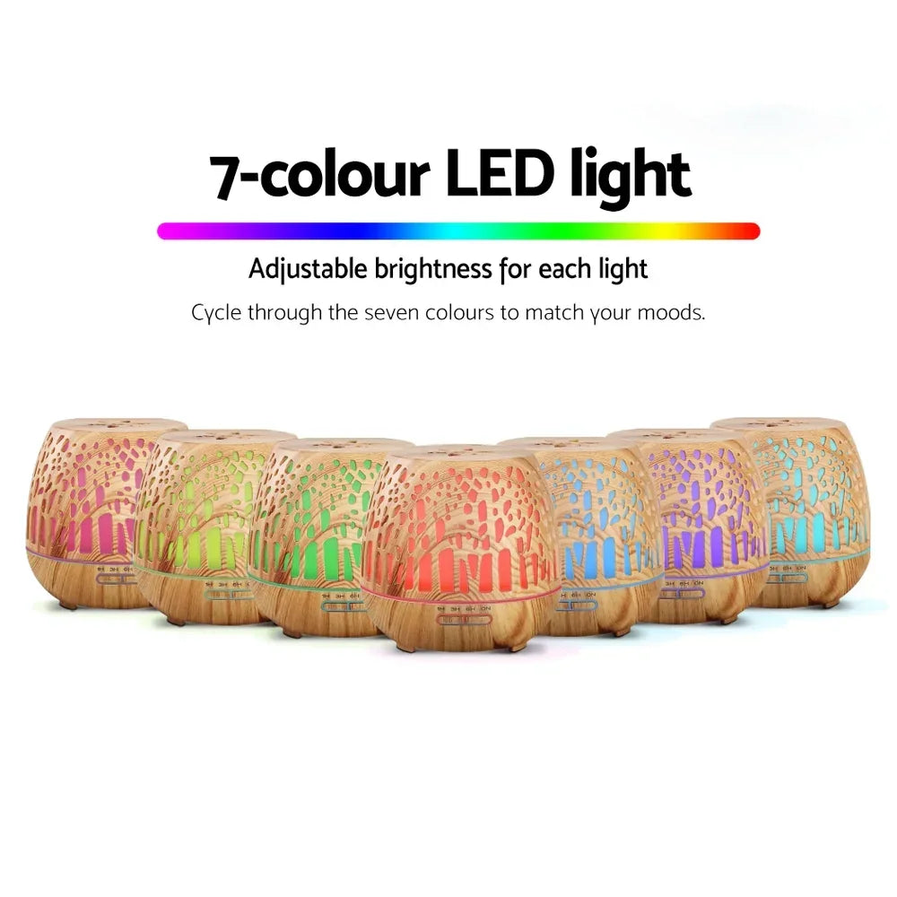 Wood grain LED diffuser with 7 color lights, adjustable brightness, mood lighting feature.